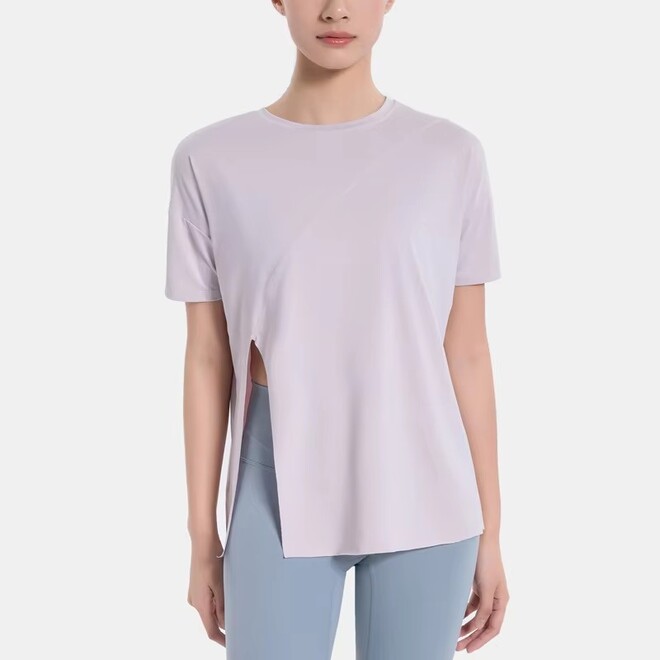 Loose Fitting Women Gym Tops Side Split Crewneck T Shirt
