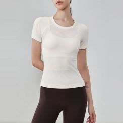Solid Seamless Breathable Short Sleeve Womens Mesh Panel Tops