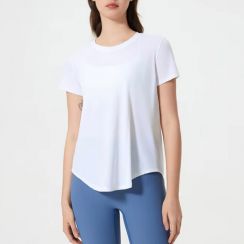 Summer Cool Loose Gym Womens Active Yoga Wear Round Neck Back Slit Mesh Tops
